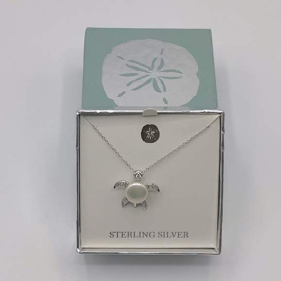 Sterling Silver Rhinestone Freshwater Cultured Pearl Sea Turtle Pendant Necklace - Picture 4 of 5